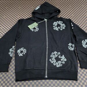Black Zip-Up Hoodie with White Floral Accents All sizes.